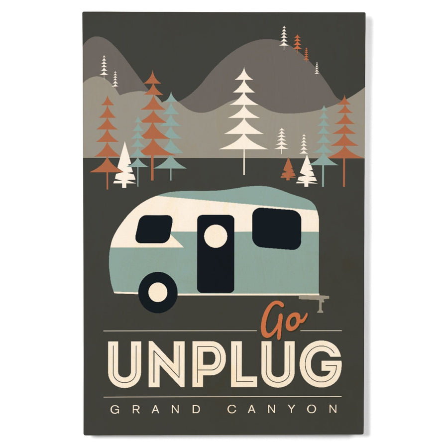 Grand Canyon National Park, Arizona, Go Unplug (Retro Camper), Vector Style, Wood Signs and Postcards Wood Lantern Press 