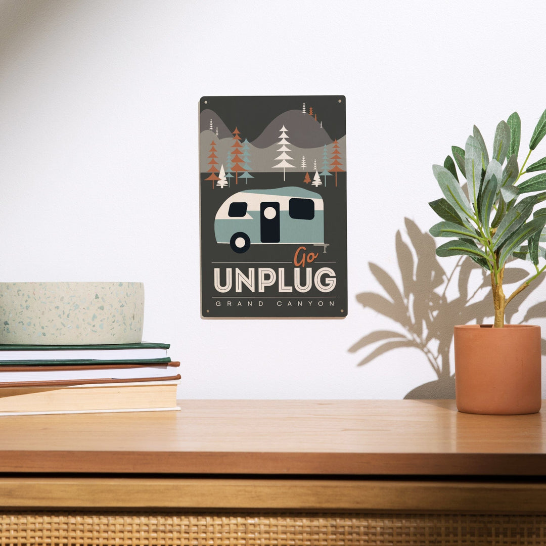 Grand Canyon National Park, Arizona, Go Unplug (Retro Camper), Vector Style, Wood Signs and Postcards Wood Lantern Press 