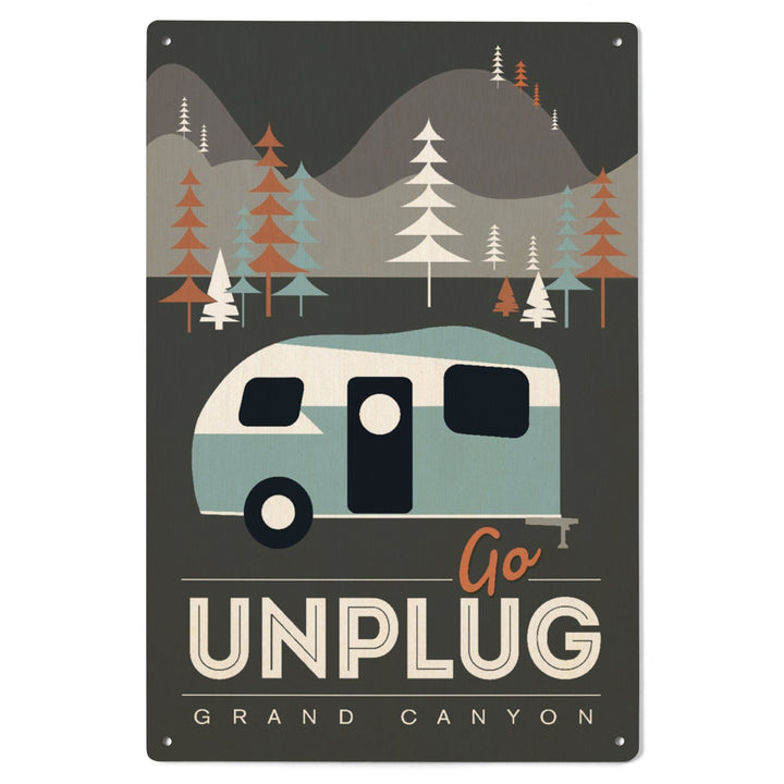 Grand Canyon National Park, Arizona, Go Unplug (Retro Camper), Vector Style, Wood Signs and Postcards Wood Lantern Press 
