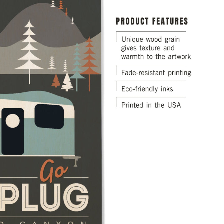 Grand Canyon National Park, Arizona, Go Unplug (Retro Camper), Vector Style, Wood Signs and Postcards Wood Lantern Press 