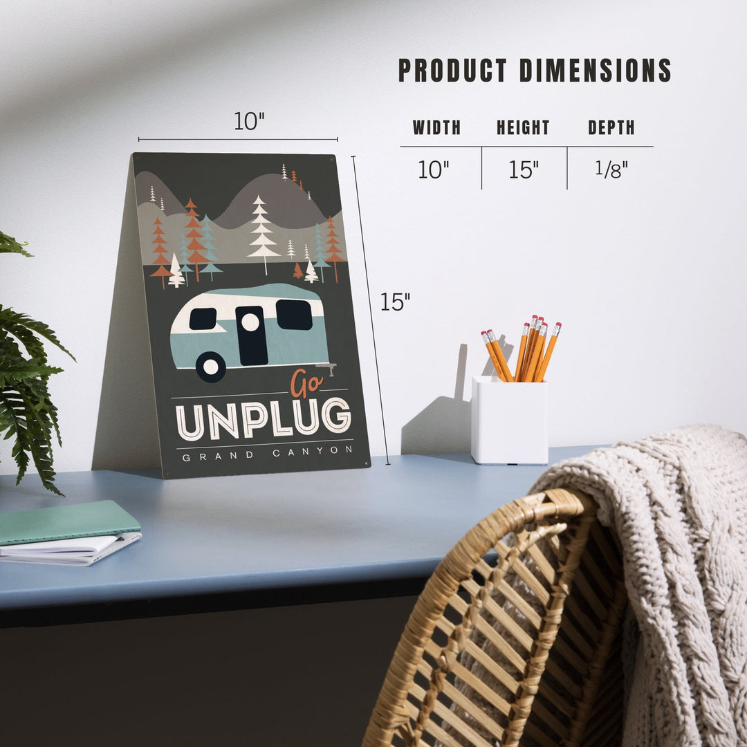 Grand Canyon National Park, Arizona, Go Unplug (Retro Camper), Vector Style, Wood Signs and Postcards Wood Lantern Press 