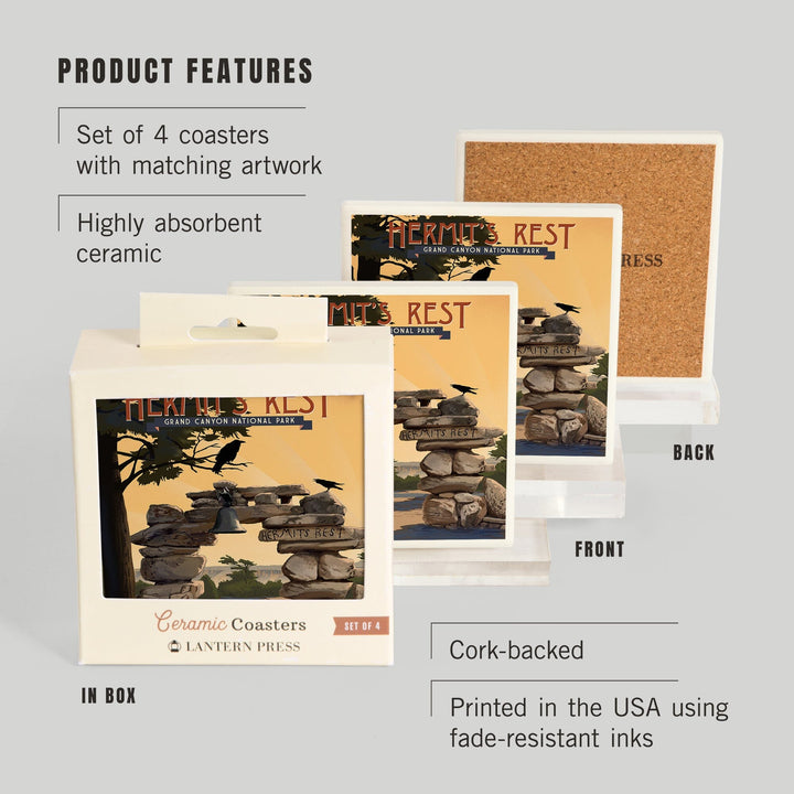 Grand Canyon National Park, Arizona, Hermits Rest, Lithograph National Park Series, Coasters Coasters Lantern Press 