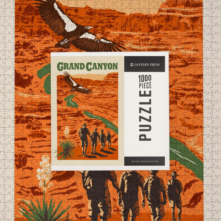 Grand Canyon National Park, Arizona, Hikers Scene, Woodblock, Jigsaw Puzzle Puzzle Lantern Press 