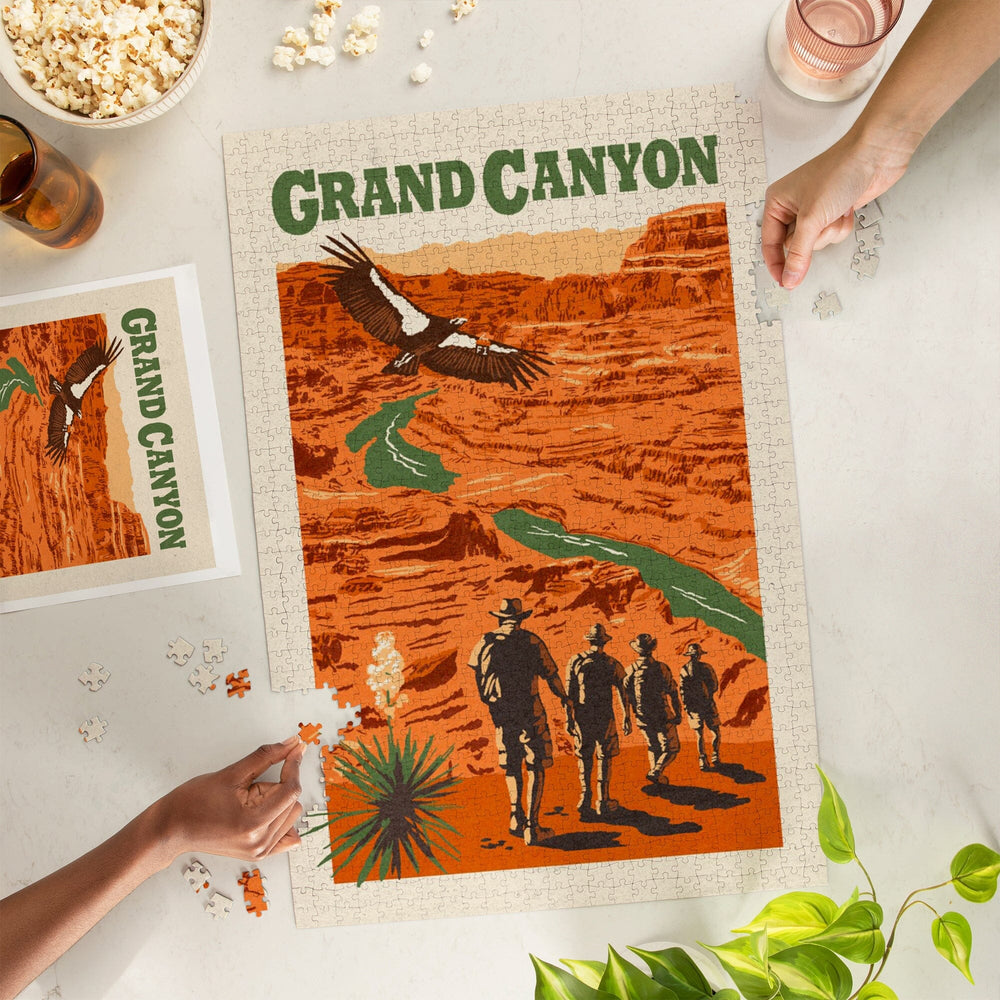 Grand Canyon National Park, Arizona, Hikers Scene, Woodblock, Jigsaw Puzzle Puzzle Lantern Press 