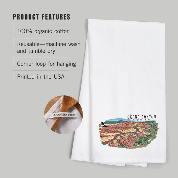 Grand Canyon National Park, Arizona, Line Drawing, Organic Cotton Kitchen Tea Towels Kitchen Lantern Press 