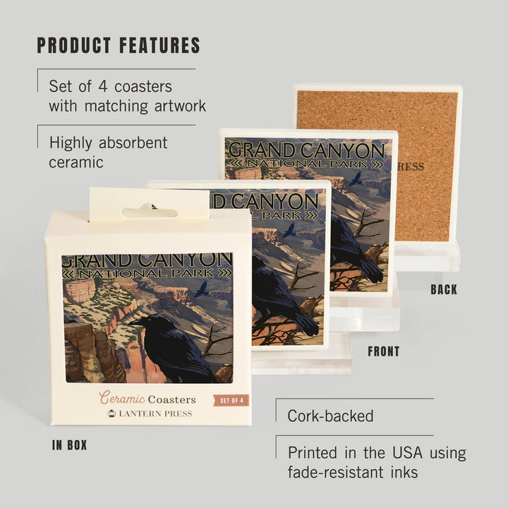 Grand Canyon National Park, Arizona, Ravens at South Rim, Lantern Press Artwork, Coaster Set - Lantern Press