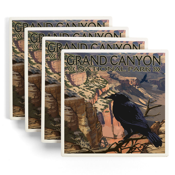 Grand Canyon National Park, Arizona, Ravens at South Rim, Lantern Press Artwork, Coaster Set - Lantern Press