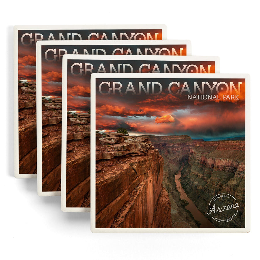 Grand Canyon National Park, Arizona, Red Sky, Lantern Press Photography, Coaster Set - Lantern Press