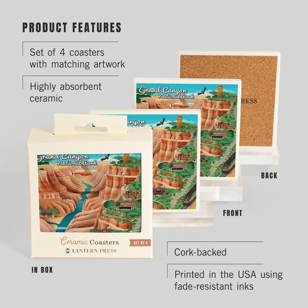 Grand Canyon National Park, Arizona, Retro View, Coasters Coasters Lantern Press 