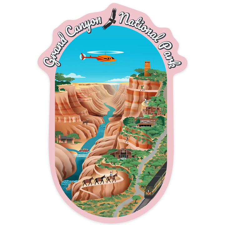 Grand Canyon National Park, Arizona, Retro View, Contour, Vinyl Sticker Sticker Lantern Press 