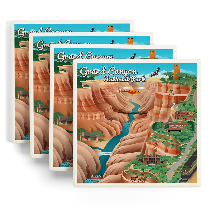 Grand Canyon National Park, Arizona, Retro View, Lantern Press Artwork, Coaster Set - Lantern Press