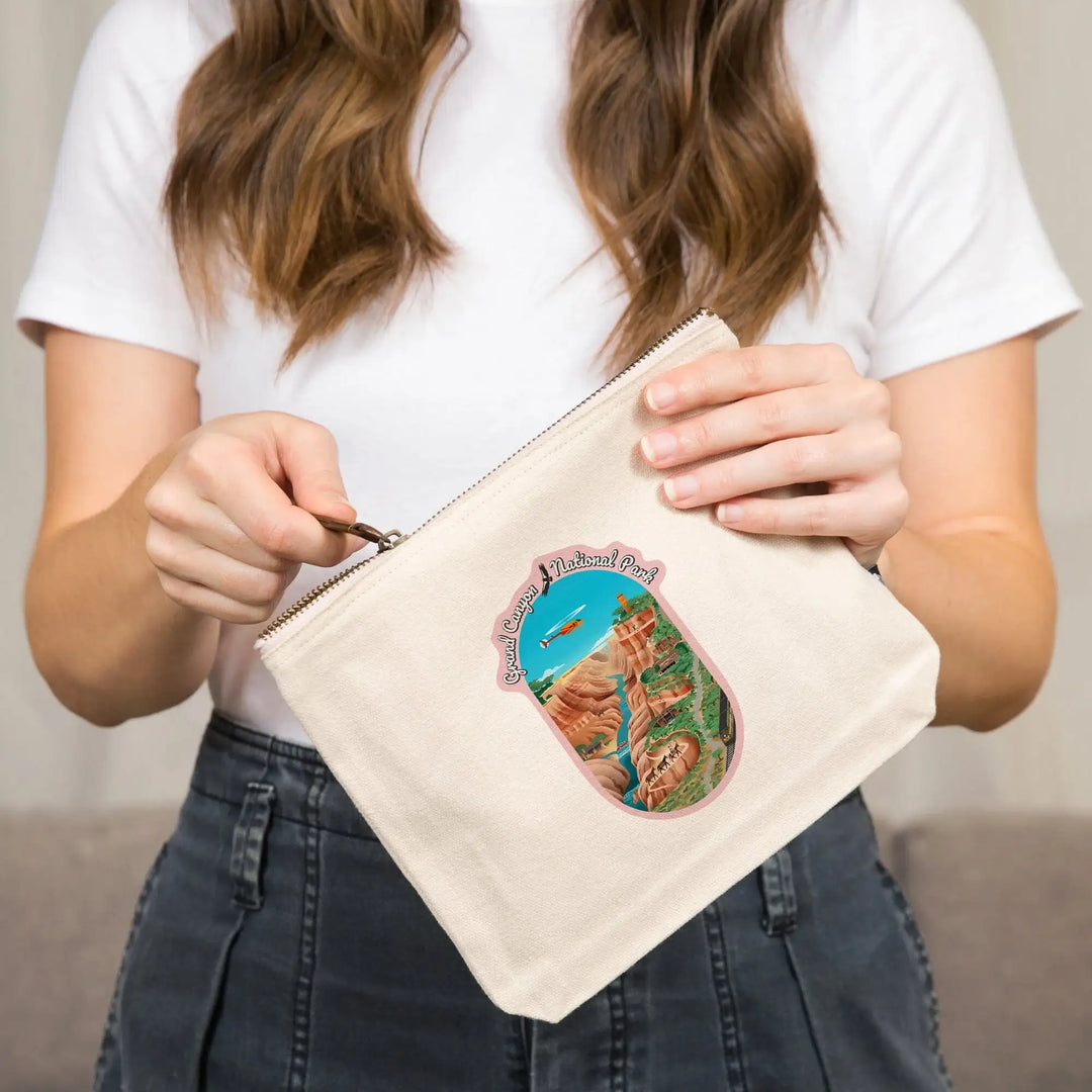 Grand Canyon National Park, Arizona, Retro View,, Organic Cotton Zipper Pouch, Go Bag Go Bag Lantern Press 
