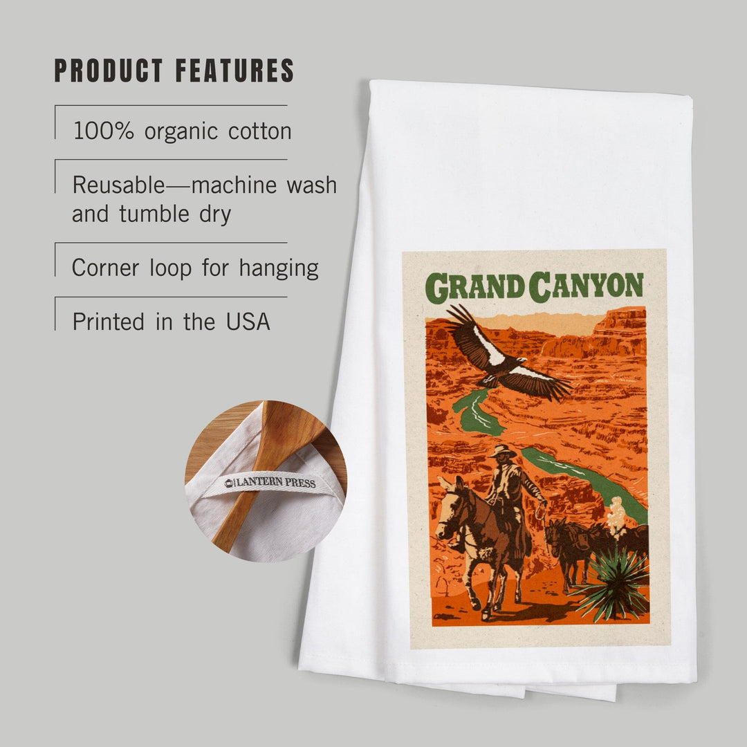 Grand Canyon National Park, Arizona, Woodblock, Organic Cotton Kitchen Tea Towels Kitchen Lantern Press 