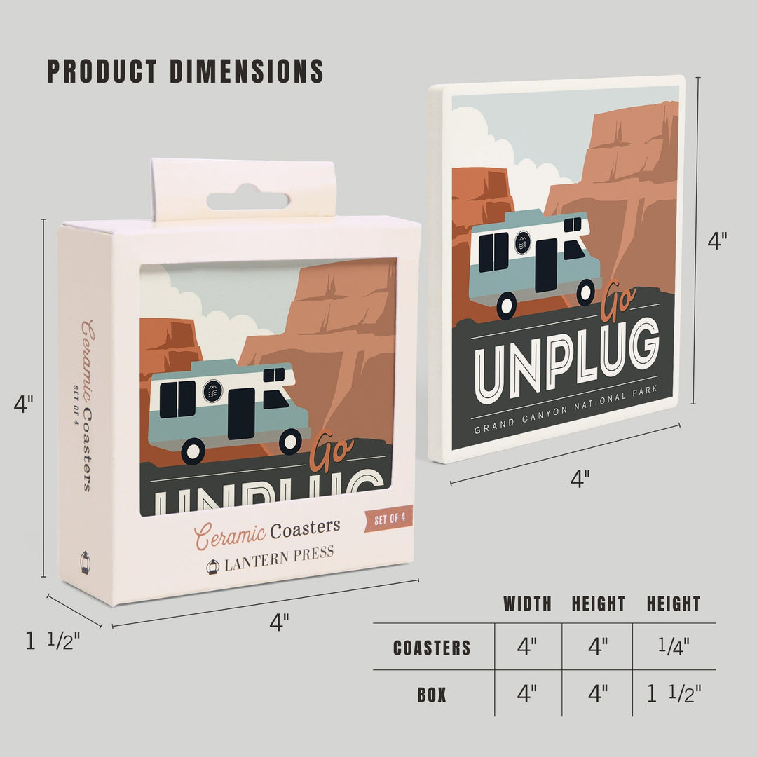 Grand Canyon National Park, Go Unplug, Retro RV, Coasters Coasters Lantern Press 