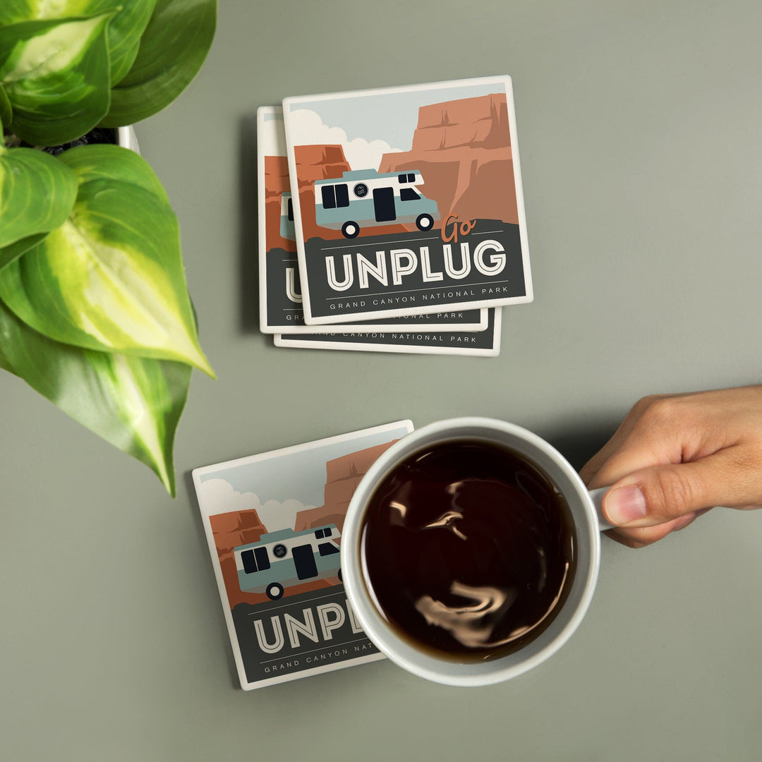 Grand Canyon National Park, Go Unplug, Retro RV, Coasters Coasters Lantern Press 