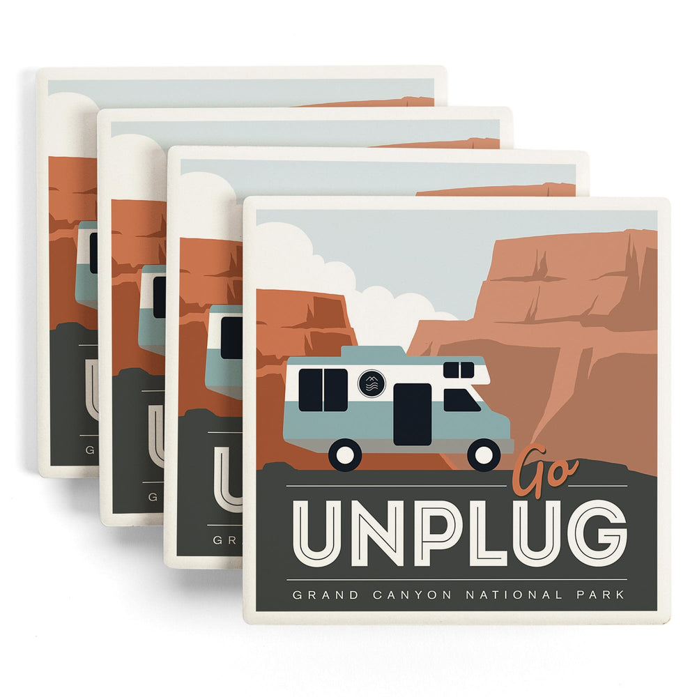 Grand Canyon National Park, Go Unplug, Retro RV, Coasters Coasters Lantern Press 
