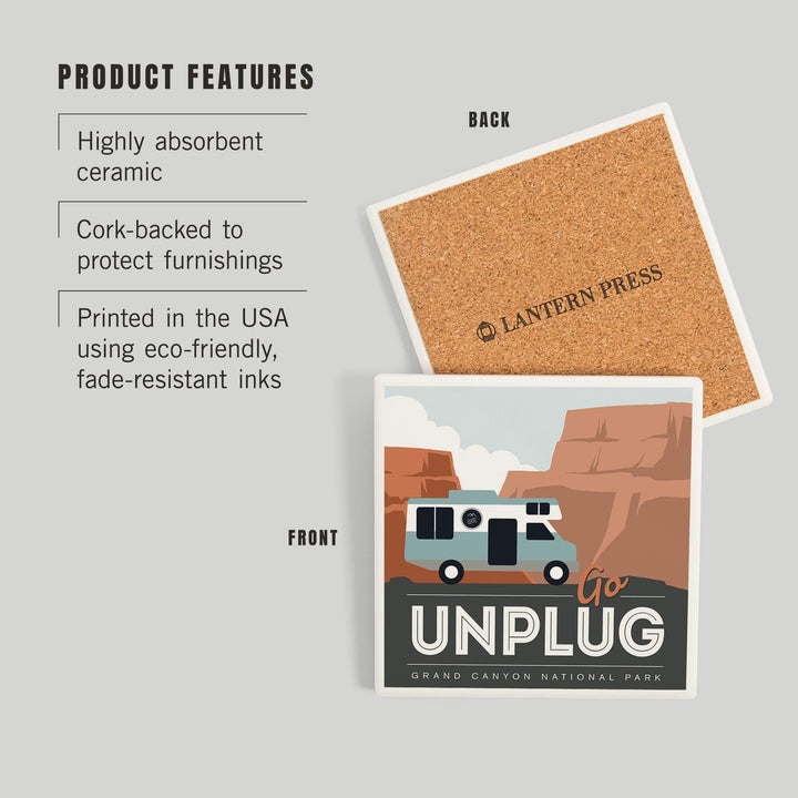 Grand Canyon National Park, Go Unplug, Retro RV, Coasters Coasters Lantern Press 