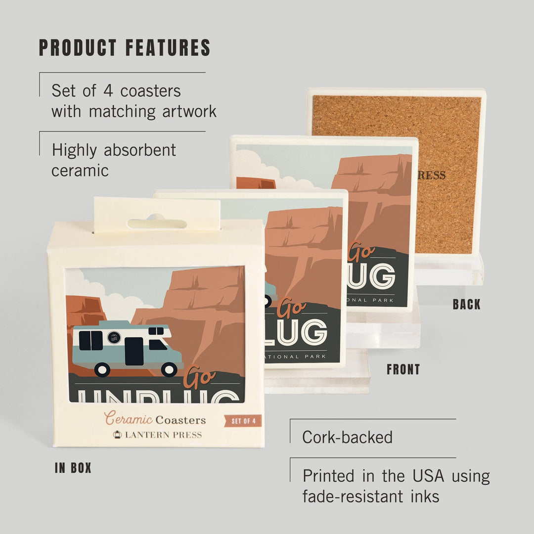Grand Canyon National Park, Go Unplug, Retro RV, Coasters Coasters Lantern Press 