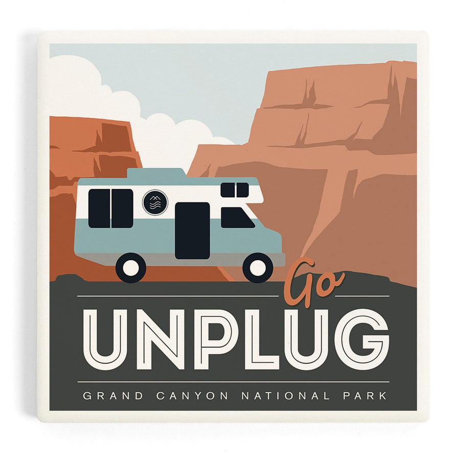 Grand Canyon National Park, Go Unplug, Retro RV, Coasters Coasters Lantern Press 
