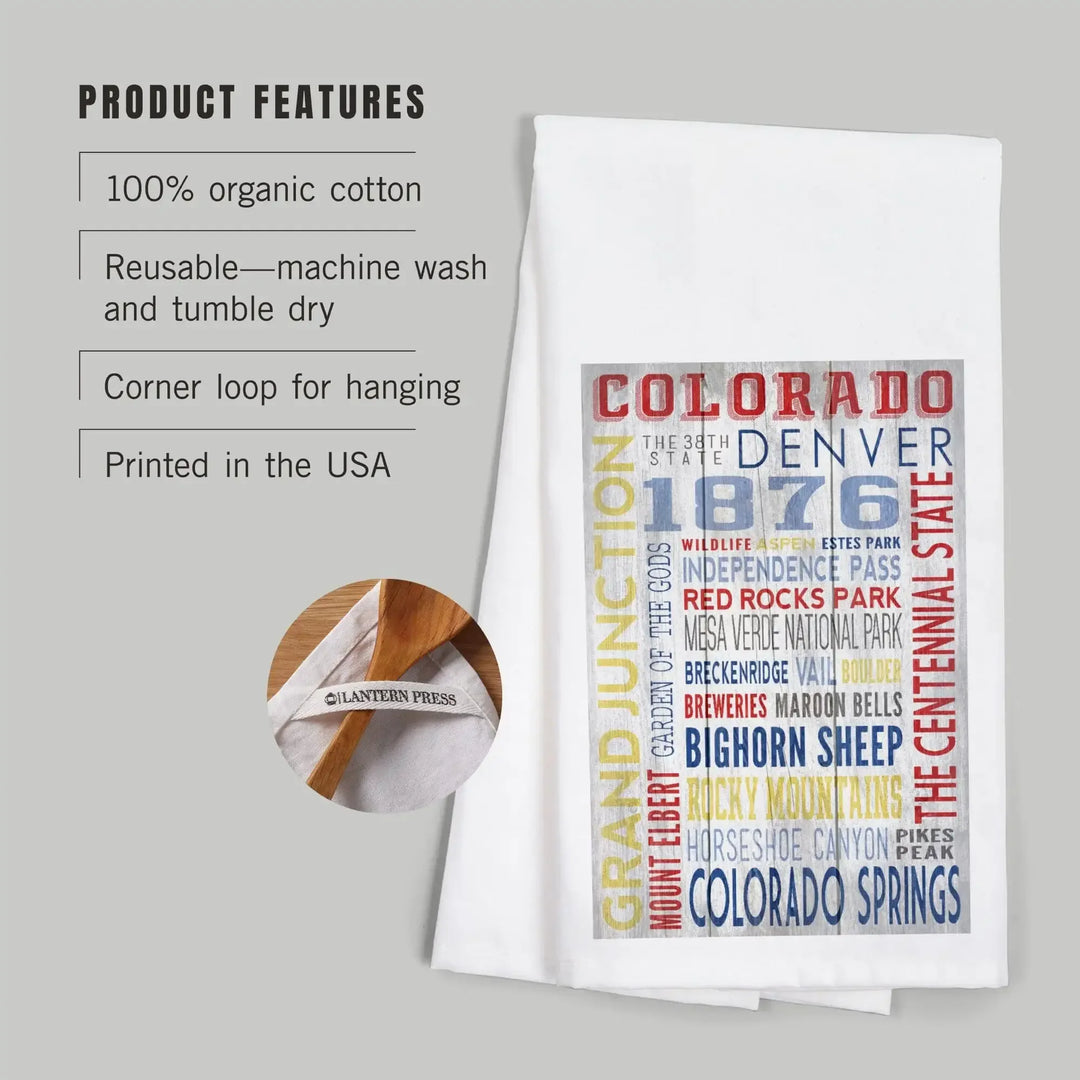 Grand Junction, Colorado, Rustic Typography, Organic Cotton Kitchen Tea Towels Kitchen Lantern Press 
