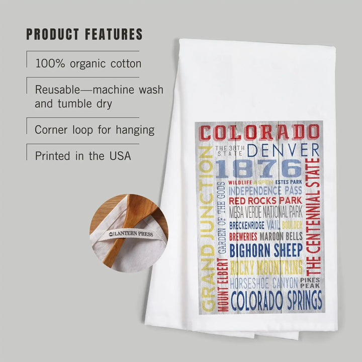 Grand Junction, Colorado, Rustic Typography, Organic Cotton Kitchen Tea Towels Kitchen Lantern Press 