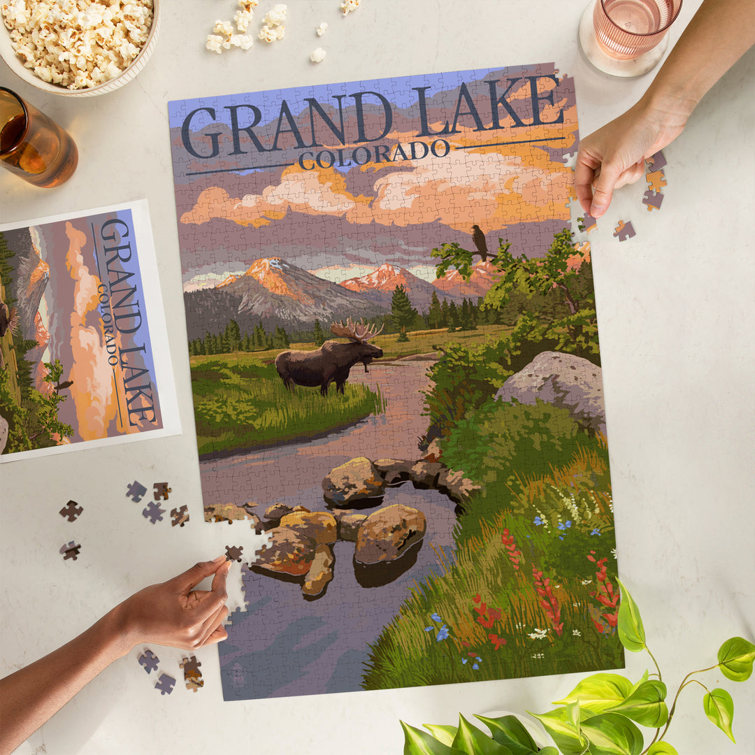 Grand Lake, Colorado, Moose and Mountain Stream at Sunset, Jigsaw Puzzle Puzzle Lantern Press 