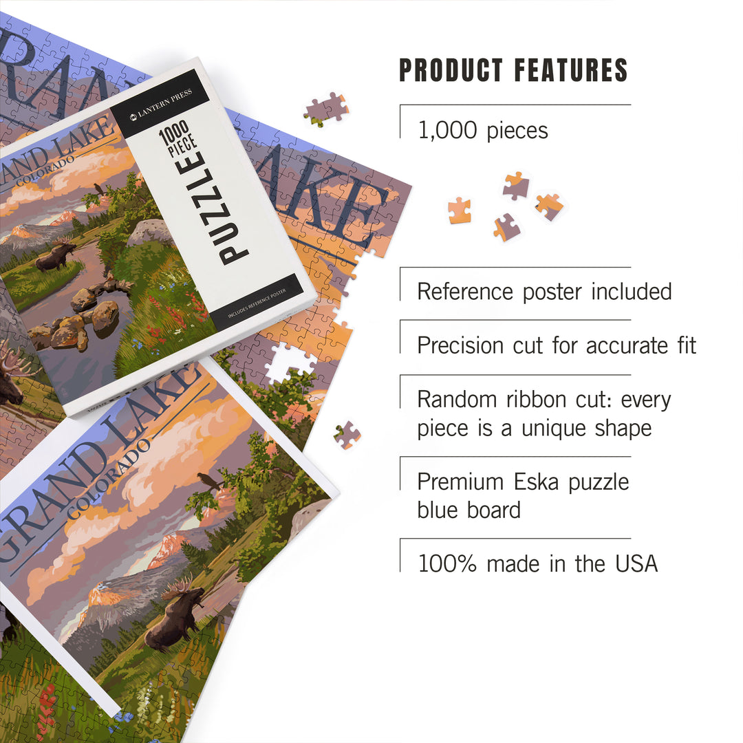 Grand Lake, Colorado, Moose and Mountain Stream at Sunset, Jigsaw Puzzle Puzzle Lantern Press 