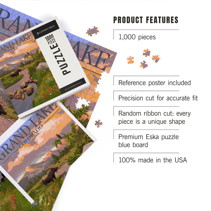 Grand Lake, Colorado, Moose and Mountain Stream at Sunset, Jigsaw Puzzle Puzzle Lantern Press 