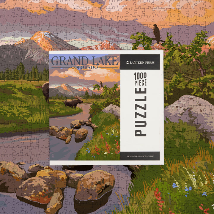 Grand Lake, Colorado, Moose and Mountain Stream at Sunset, Jigsaw Puzzle Puzzle Lantern Press 