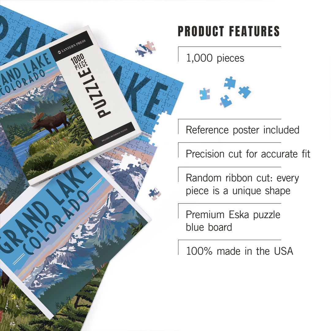 Grand Lake, Colorado, Moose and Mountains, Jigsaw Puzzle Puzzle Lantern Press 