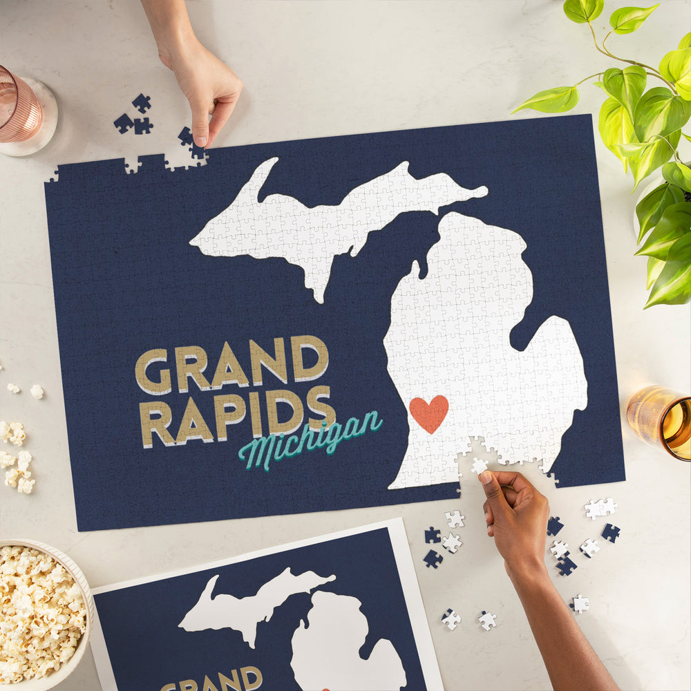 Grand Rapids, Michigan, Home State with Red Heart, Jigsaw Puzzle Puzzle Lantern Press 
