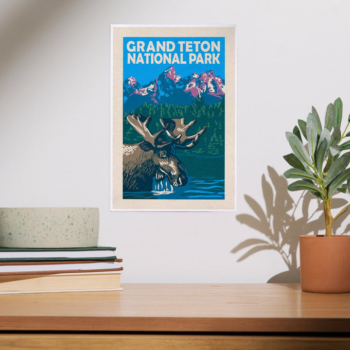 Grand Teton National Park, Moose in Lake, Woodblock, Art & Giclee Prints Art Lantern Press 
