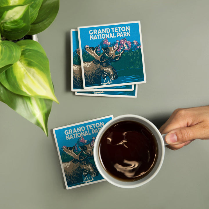 Grand Teton National Park, Moose in Lake, Woodblock, Coasters Coasters Lantern Press 