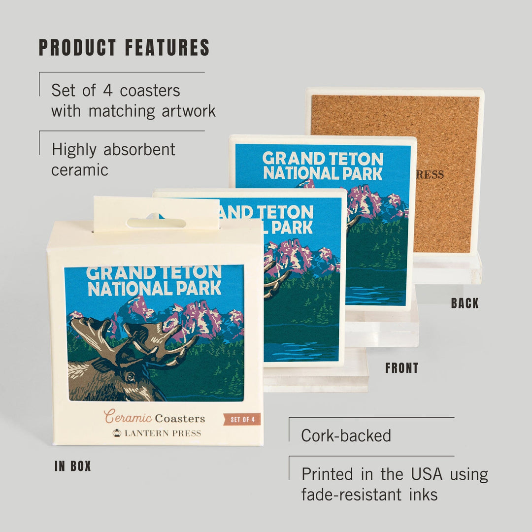 Grand Teton National Park, Moose in Lake, Woodblock, Coasters Coasters Lantern Press 
