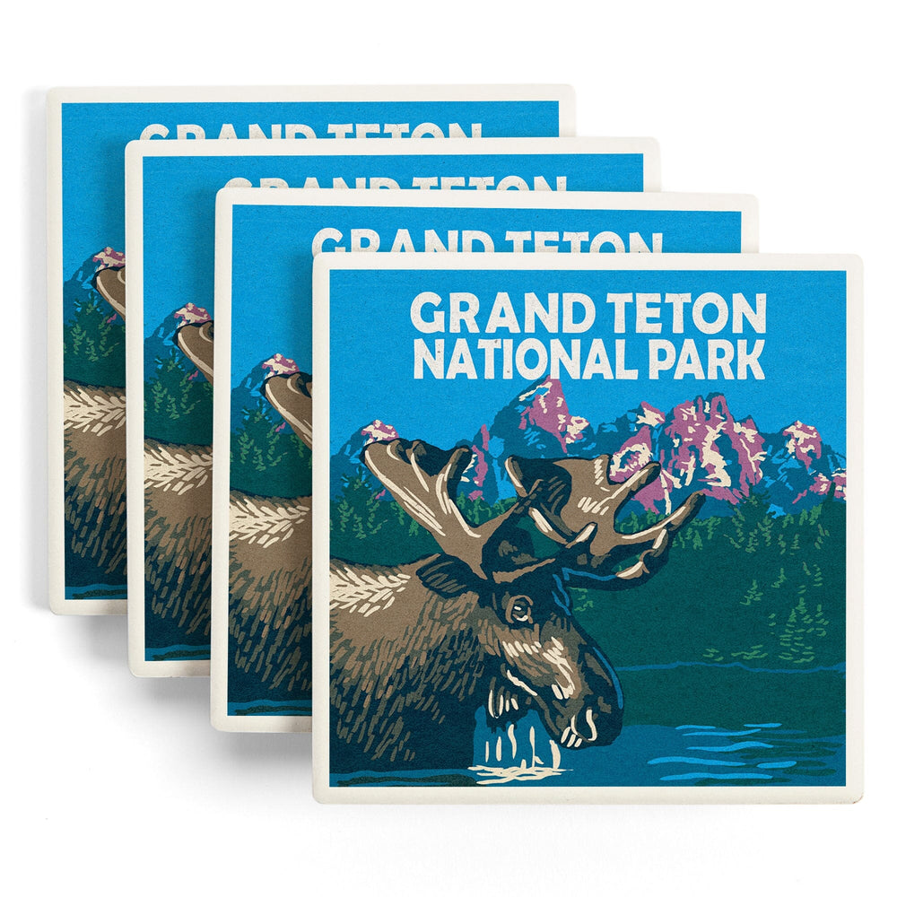 Grand Teton National Park, Moose in Lake, Woodblock, Coasters Coasters Lantern Press 
