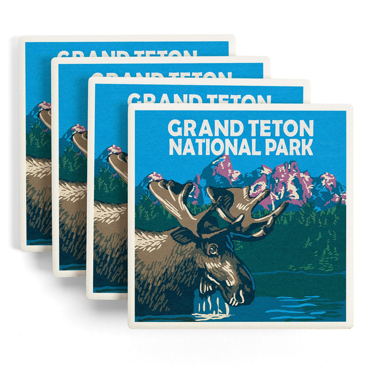 Grand Teton National Park, Moose in Lake, Woodblock, Coasters Coasters Lantern Press 