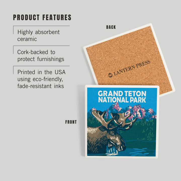 Grand Teton National Park, Moose in Lake, Woodblock, Coasters Coasters Lantern Press 
