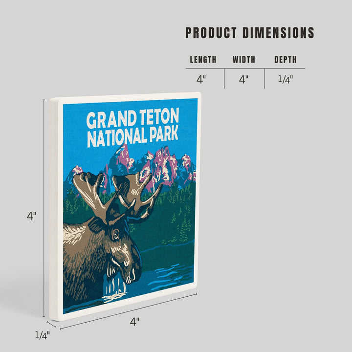 Grand Teton National Park, Moose in Lake, Woodblock, Coasters Coasters Lantern Press 
