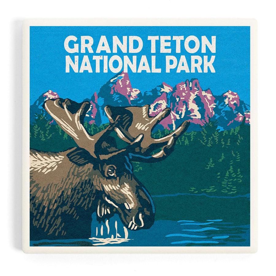 Grand Teton National Park, Moose in Lake, Woodblock, Coasters Coasters Lantern Press 