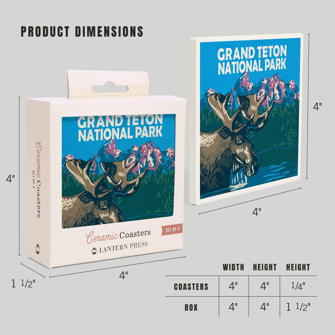 Grand Teton National Park, Moose in Lake, Woodblock, Coasters Coasters Lantern Press 