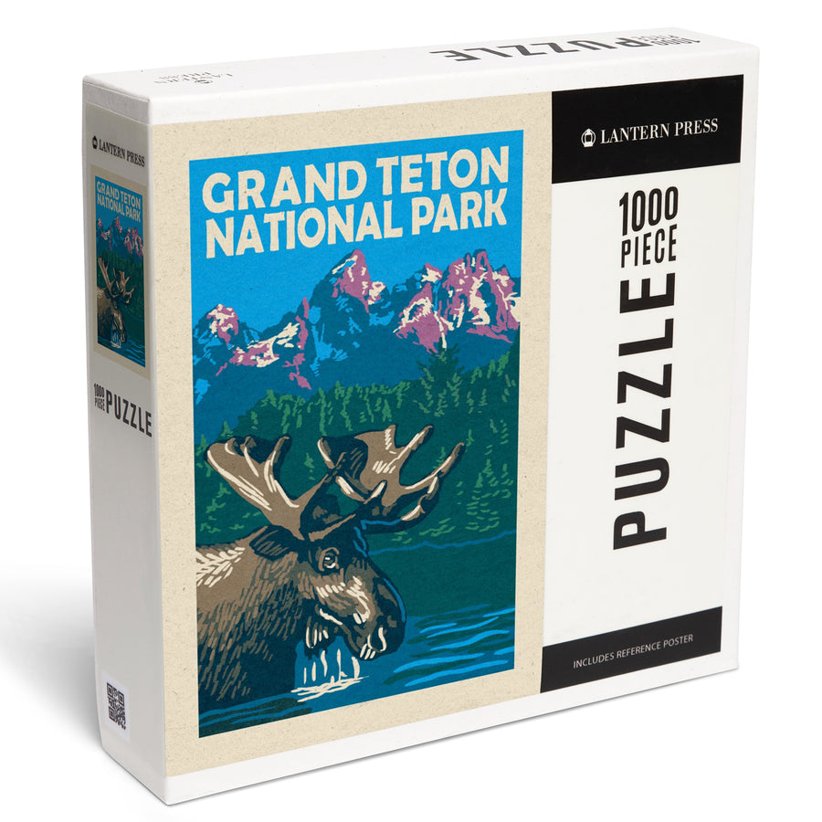 Grand Teton National Park, Moose in Lake, Woodblock, Jigsaw Puzzle Puzzle Lantern Press 