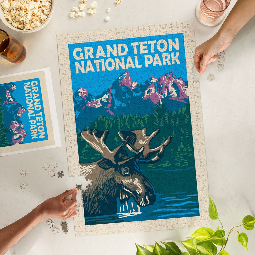 Grand Teton National Park, Moose in Lake, Woodblock, Jigsaw Puzzle Puzzle Lantern Press 