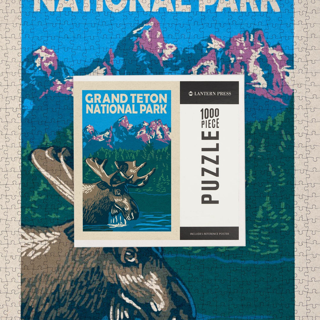 Grand Teton National Park, Moose in Lake, Woodblock, Jigsaw Puzzle Puzzle Lantern Press 