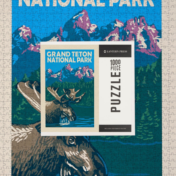 Grand Teton National Park, Moose in Lake, Woodblock, Jigsaw Puzzle Puzzle Lantern Press 