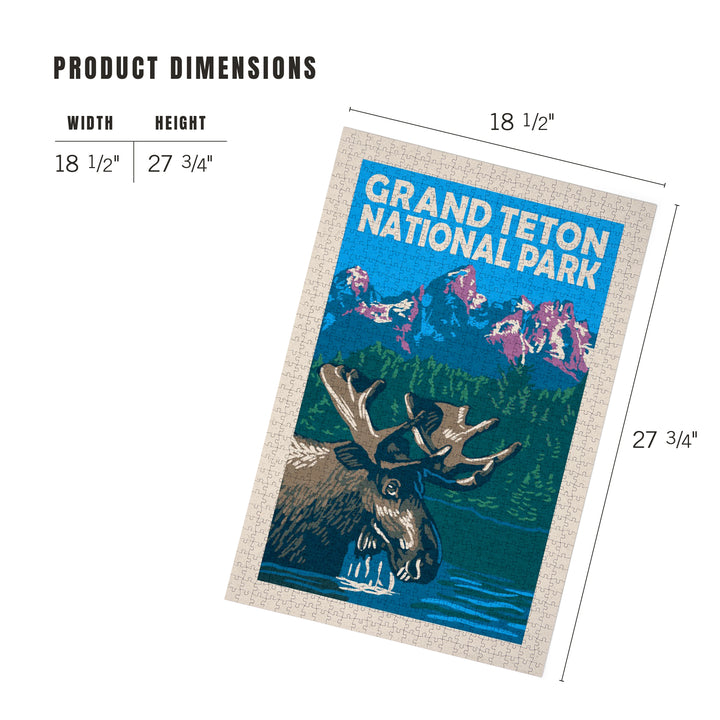 Grand Teton National Park, Moose in Lake, Woodblock, Jigsaw Puzzle Puzzle Lantern Press 