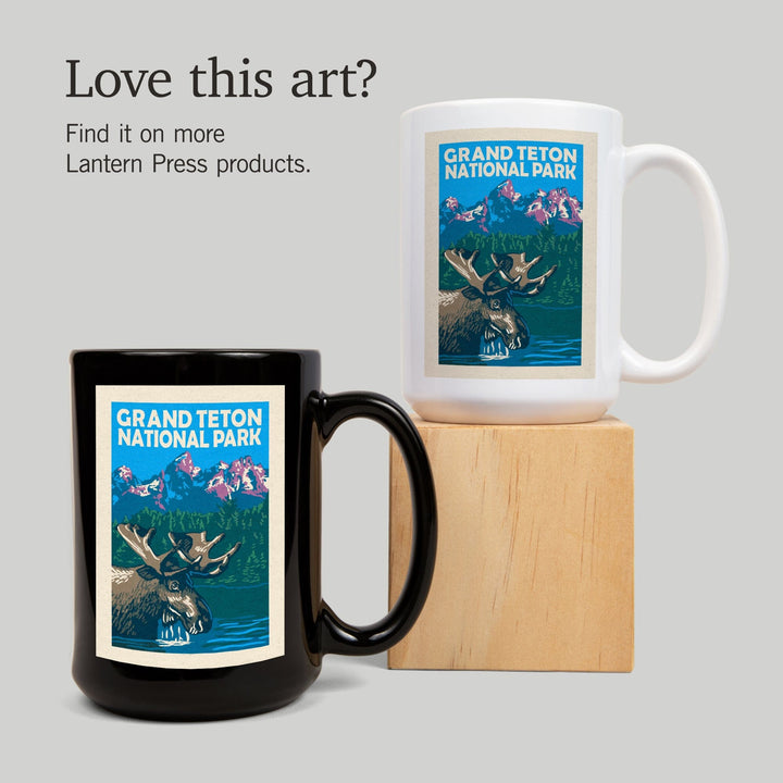 Grand Teton National Park, Moose in Lake, Woodblock, Lantern Press Artwork, Ceramic Mug Mugs Lantern Press 