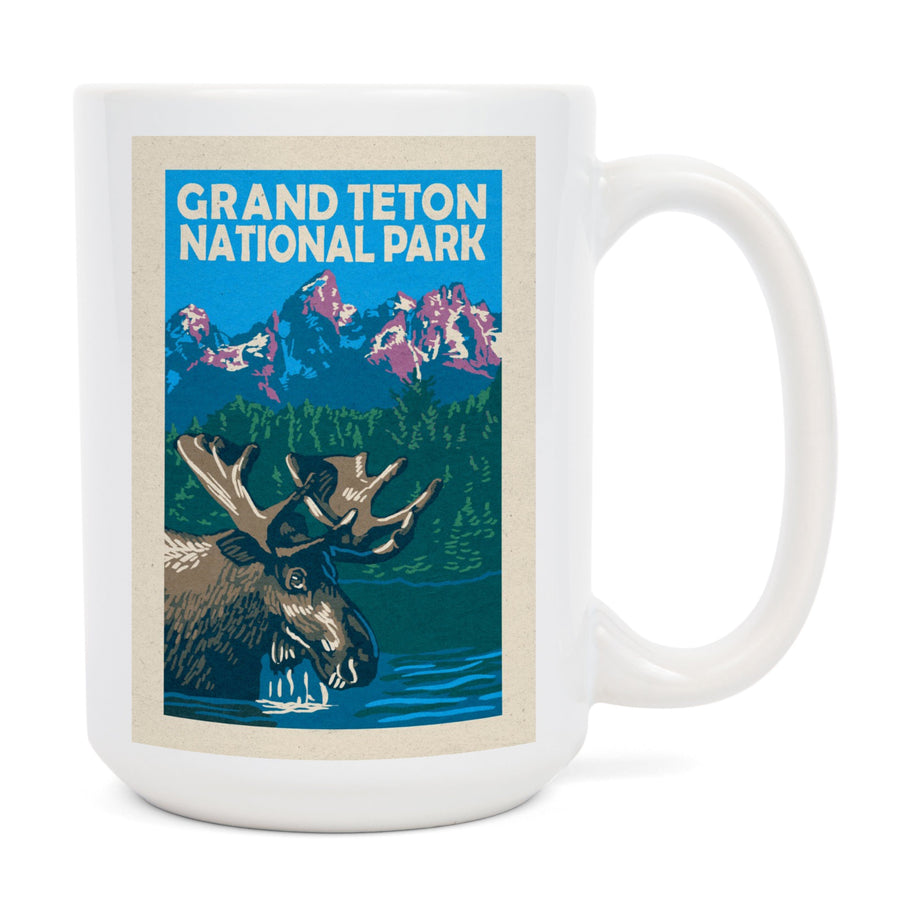 Grand Teton National Park, Moose in Lake, Woodblock, Lantern Press Artwork, Ceramic Mug Mugs Lantern Press 