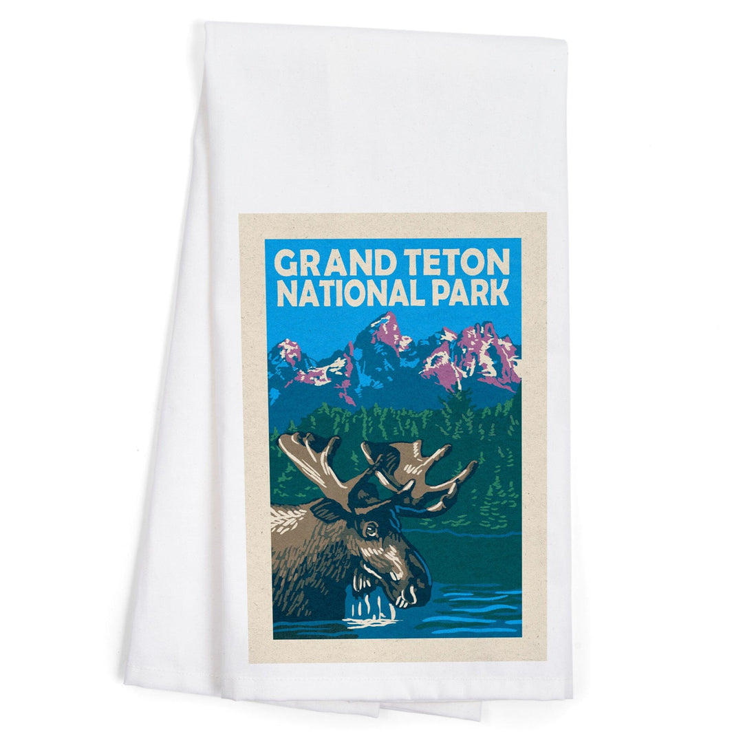 Grand Teton National Park, Moose in Lake, Woodblock, Organic Cotton Kitchen Tea Towels Kitchen Lantern Press 