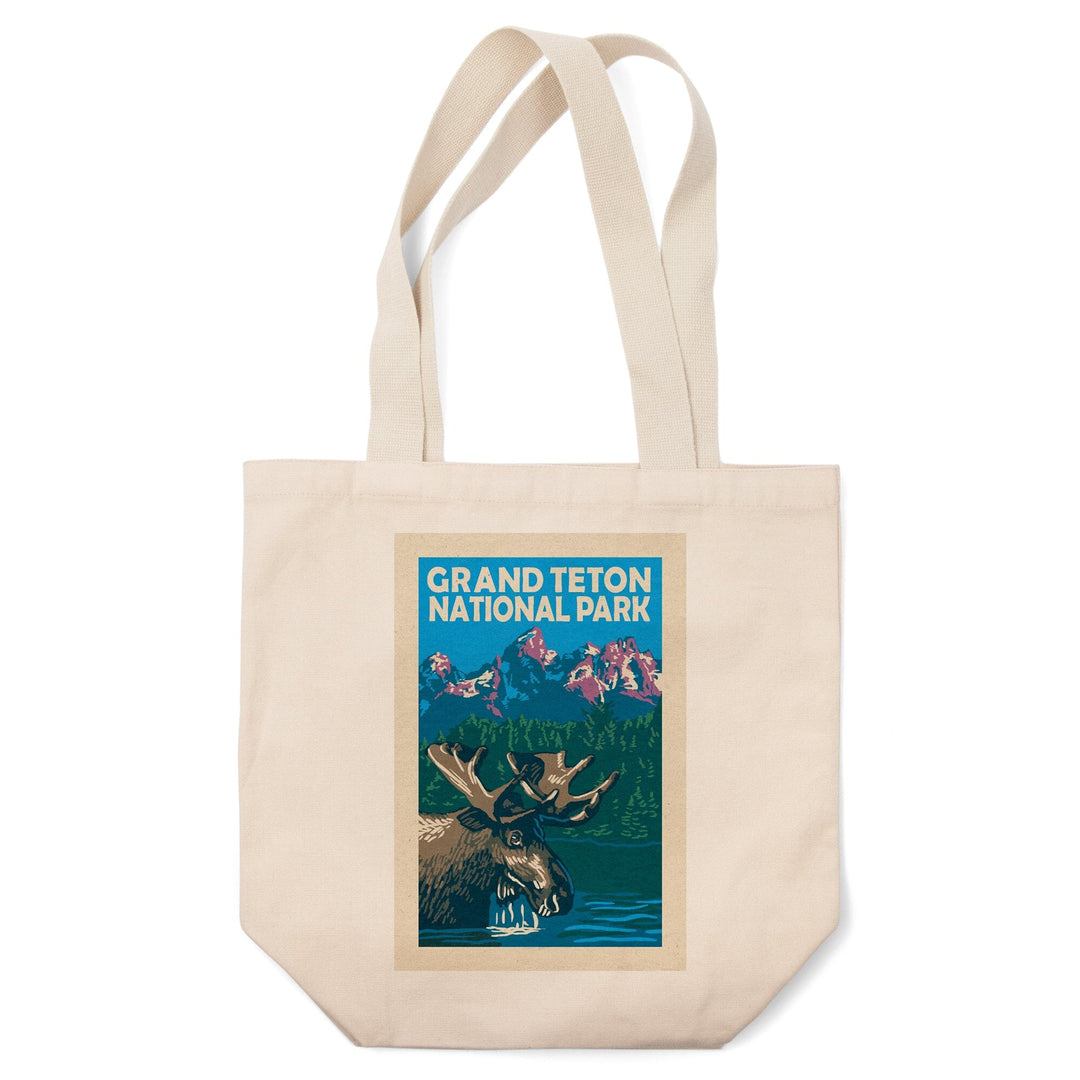 Grand Teton National Park, Moose in Lake, Woodblock, Tote Bag Totes Lantern Press 
