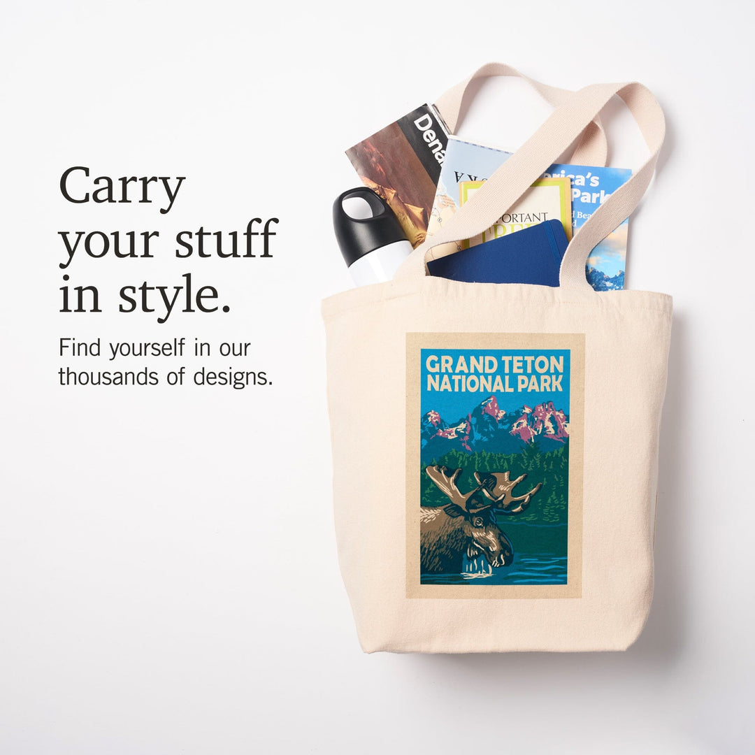 Grand Teton National Park, Moose in Lake, Woodblock, Tote Bag Totes Lantern Press 